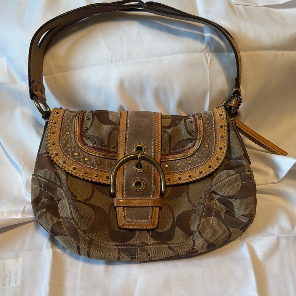 Coach Brown and Tan Signature Shoulder Bag